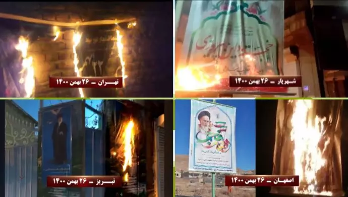 إضرام النار في لافتات خامنئي وخميني في طهران و 11 محافظة أخرى