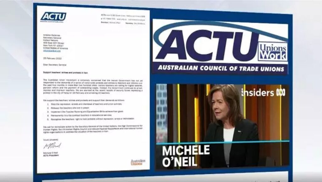 رسالة من أكبر نقابة عمالية أسترالية إلى الأمين العام للأمم المتحدة لدعم احتجاج المعلمين الإيرانيين