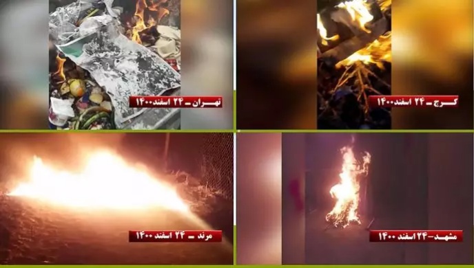 في الحملة الوطنية لـ جهارشنبه سوري، شباب الانتفاضة في طهران وأنحاء إيران يشعلون النار في صور خامنئي وخميني