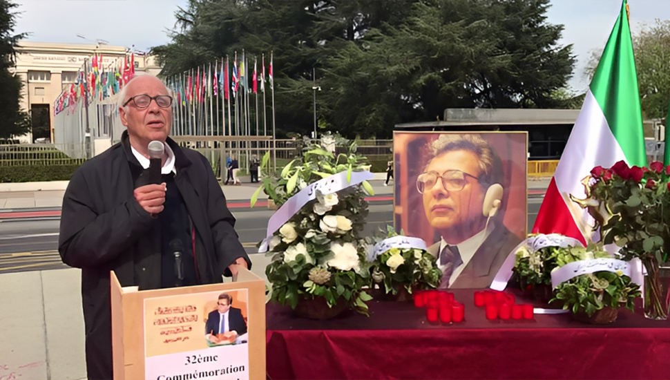 جنيف - أمام المقر الأوروبي للأمم المتحدة - تخليدًا لذكرى الدكتور كاظم رجوي، شهيد حقوق الإنسان العظيم 