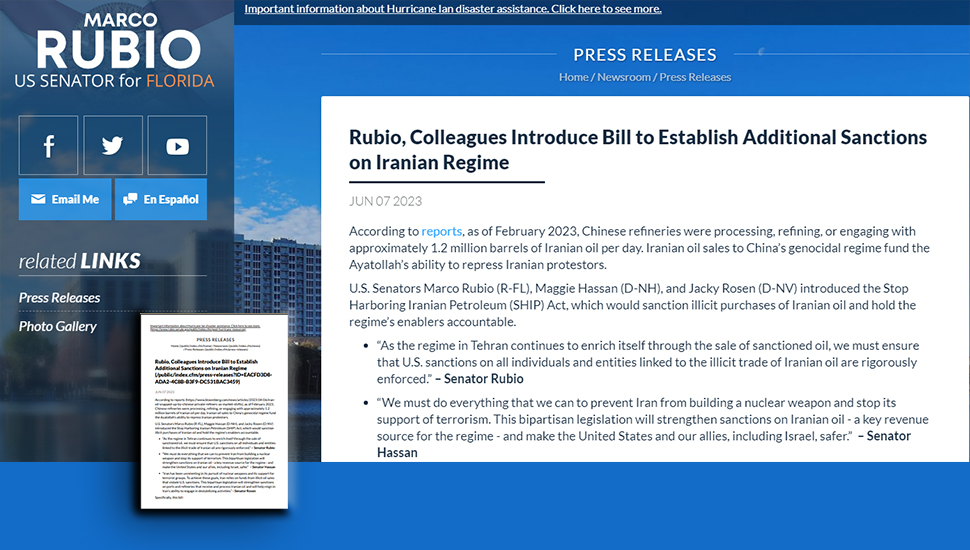 روبيو وزملاؤه يقدمون مشروع قانون لفرض عقوبات إضافية على النظام الإيراني