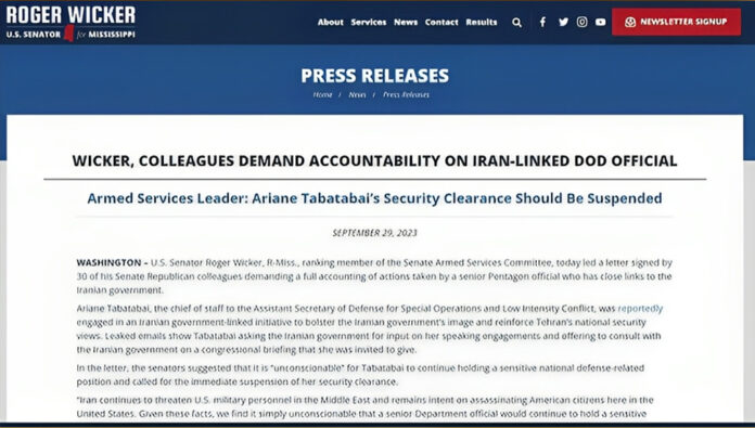 رسالة 31 عضوًا في مجلس الشيوخ الأمريكي إلى وزير الدفاع: أوقفوا على الفور التصريح الأمني ​​لأرين طباطبائي