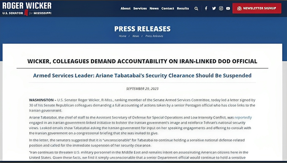 رسالة 31 عضوًا في مجلس الشيوخ الأمريكي إلى وزير الدفاع: أوقفوا على الفور التصريح الأمني لأرين طباطبائي