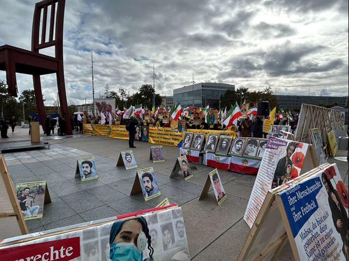 جنيف - مظاهرات للإيرانيين تنديدا بانتخاب ممثل للنظام الإيراني لرئاسة المنتدى الاجتماعي لمجلس حقوق الإنسان