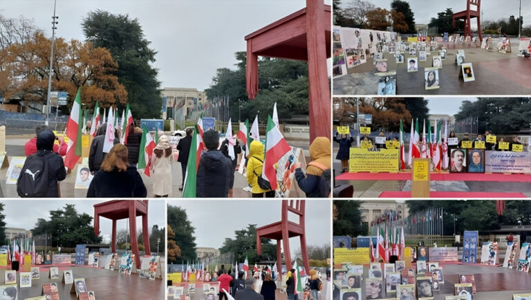 جنيف – تظاهرة الجالية الإيرانية تنديدًا بمشاركة إبراهيم رئيسي في اجتماع المنتدى العالمي للاجئين التابع للأمم المتحدة
