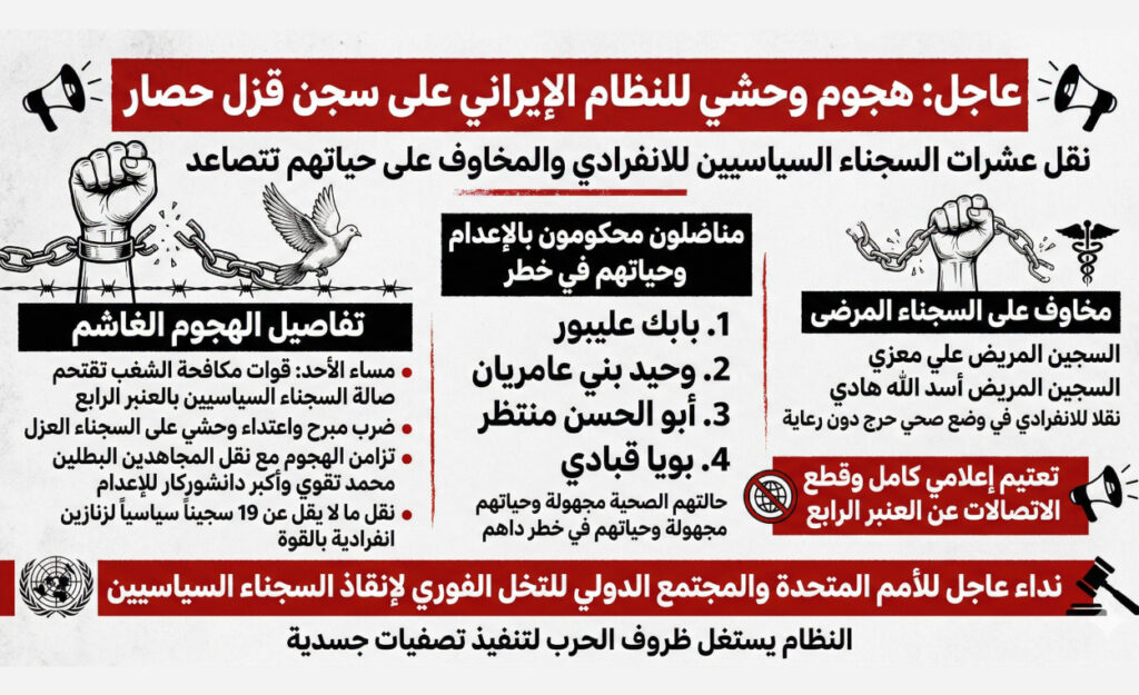 هجوم وحشي لقوات مكافحة الشغب التابعة لـ النظام الإيراني على السجناء السياسيين ونقل العشرات للزنازين الانفرادية