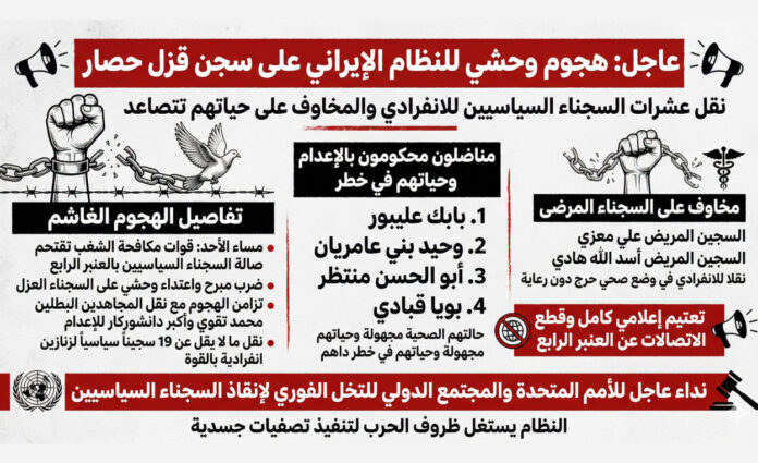 هجوم وحشي لقوات مكافحة الشغب التابعة لـ النظام الإيراني على السجناء السياسيين ونقل العشرات للزنازين الانفرادية