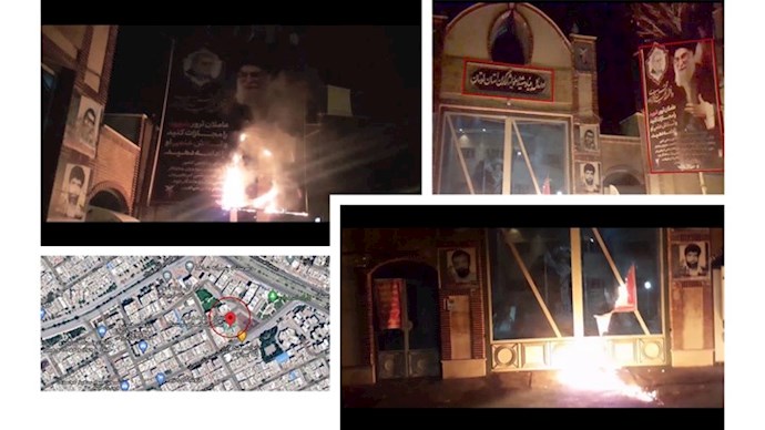 خرم‌آباد: إضرام النار في مدخل الدائرة العامة لمؤسسة الشهيد في محافظة لرستان ولافتة كبيرة لخامنئي 20 ديسمبر 2020