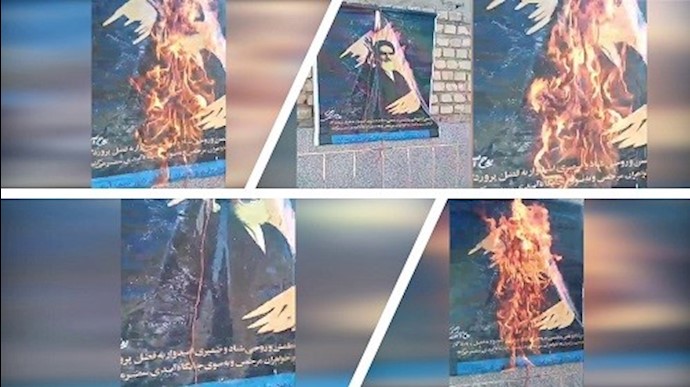 اصفهان - إضرام النار في لافتة كبيرة لخميني 