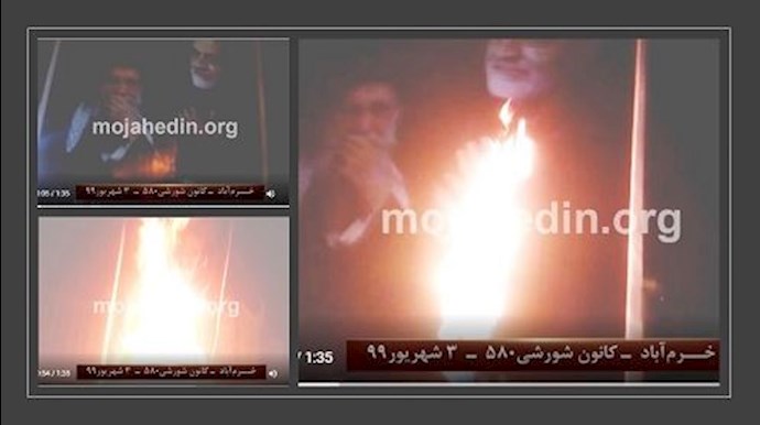 خرم‌آباد- إشعال النار في لوحة تحمل صورا لخامنئي وقاسم سليماني 24 أغسطس 